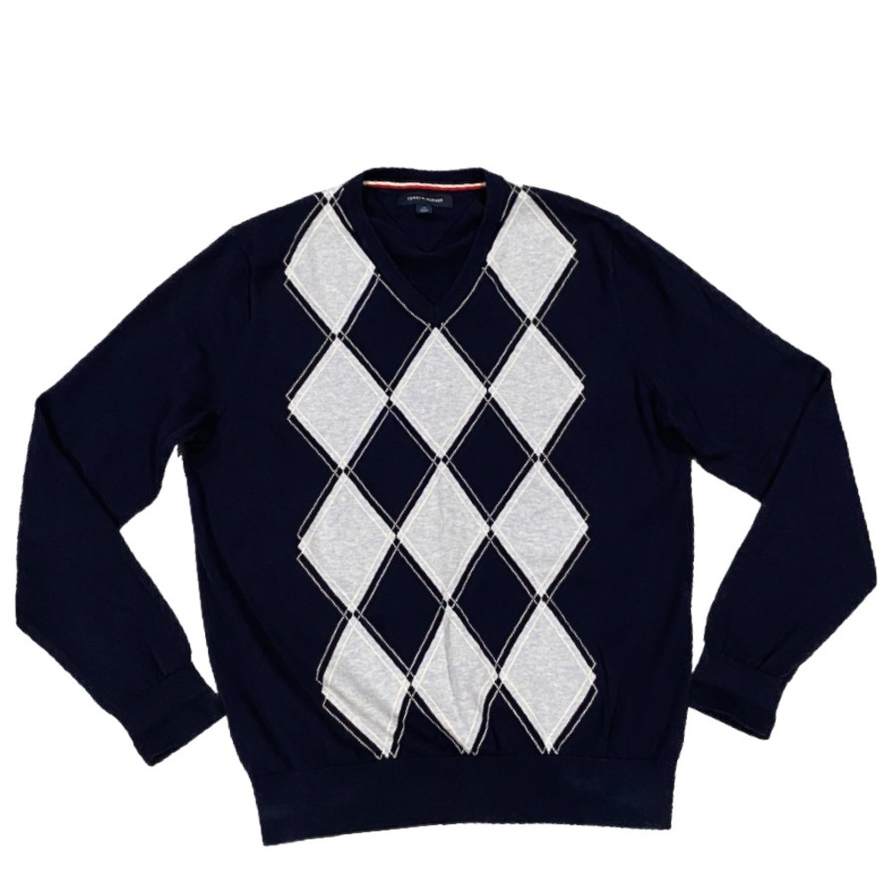 Tommy Hilfiger V-Neck Sweater Women’s L Blue Argyle Long Sleeve Knit Pullover